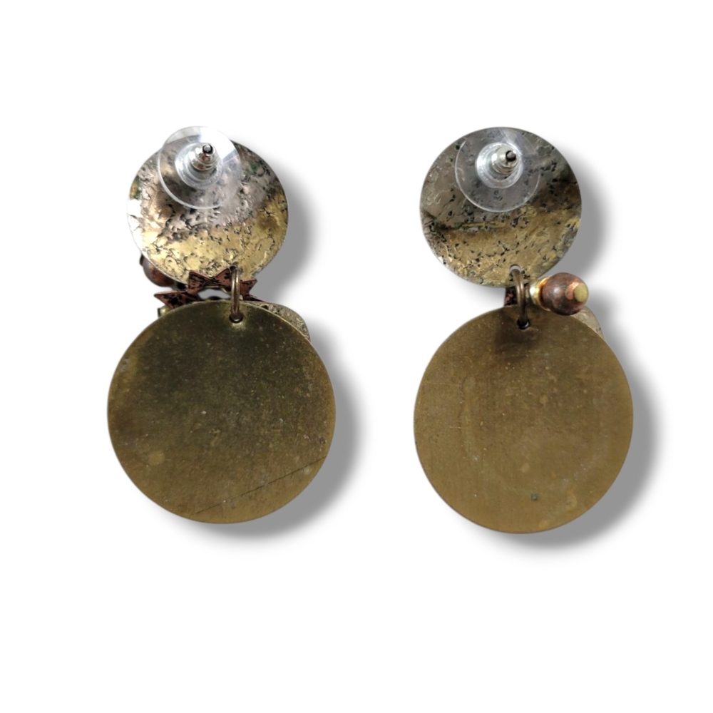 NWOT Artisan Boho Multi Tone Abstract Metal Elephant Disc Drop Earrings - Picture 3 of 5